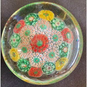 VTG Mini Millefiori Glass Paperweight Green Yellow Red “Thousand Flowers"